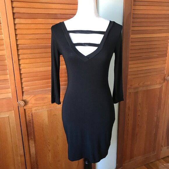 Vintage Lip Service Widow Black Leather Straps 3/4 Sleeve Goth Mini Dress XS - Picture 2 of 9